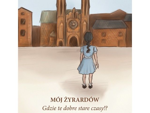 grafika dziewczynka stojąca tyłem na tle panoramy miasta fabrycznego
