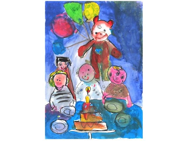 Dziecięcy rysunek urodziny misia kolorowe misie na niebieskim tle