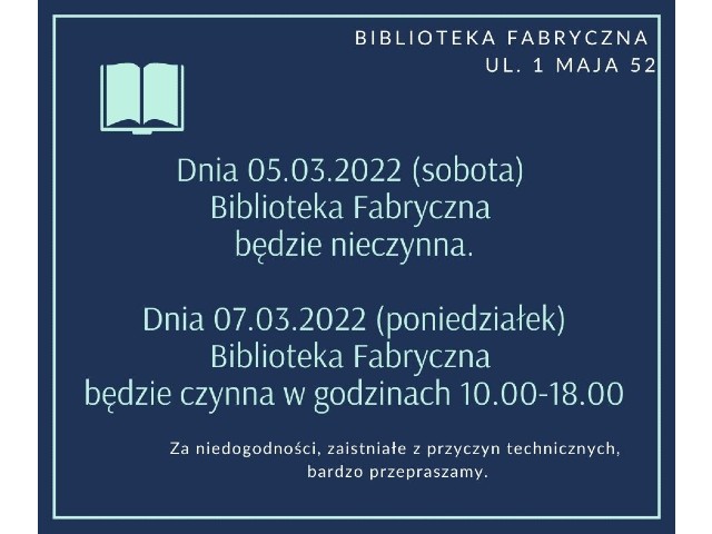Informacja o godzinach otwarcia biblioteki