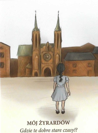 grafika, postać dziewczynki na tle panoramy miasta z czerwonej cegły
